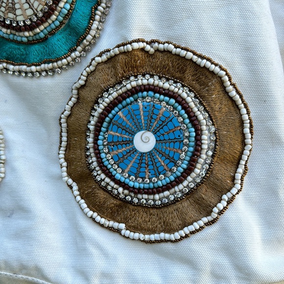 Mare Sole Amore Large Boho Embroidered / Beaded Canvas Leather Shoulder Bag - Picture 3 of 13